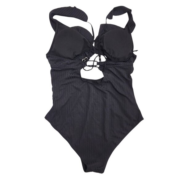 Black Ribbed Halter One-Piece Swimsuit With Ruffle Detail   Size XL - Picture 2 of 5